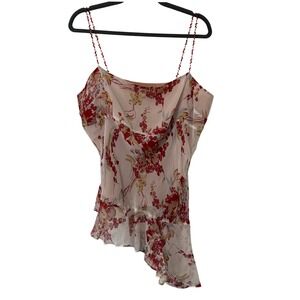 ICE Silk Top L Floral Asymmetrical Ruffle Cami Pink Red Beaded Fairy Ethereal